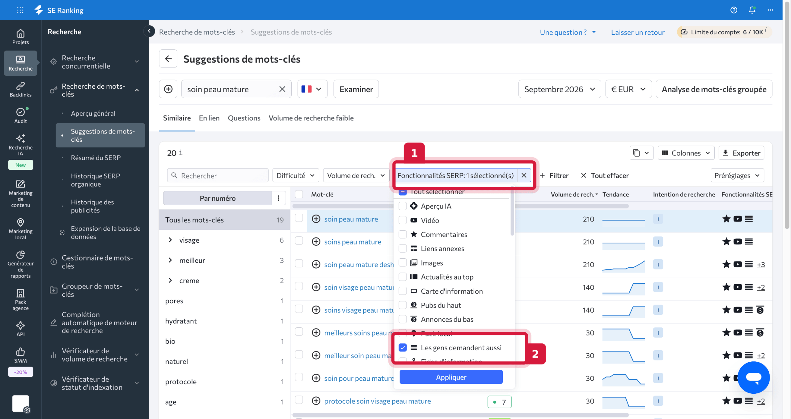 Filtrer les requêtes qui déclenchent le bloc People Also Ask avec l’outil de recherche de mots-clés de SE Ranking Trouver les mots-clés qui déclenchent le bloc People Also Ask dans l’outil de recherche de mots-clés de SE Ranking