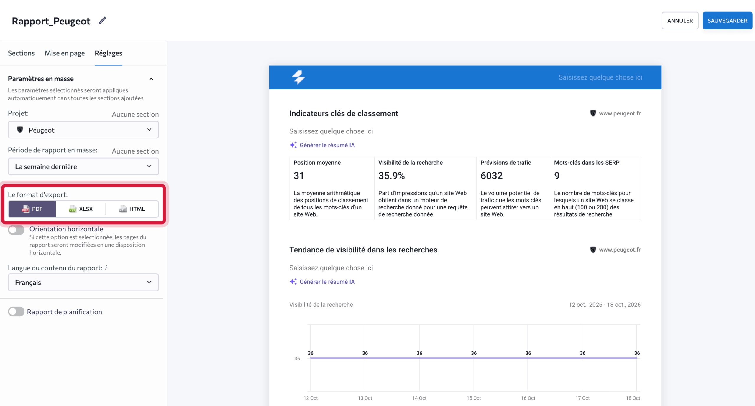 Télécharger un rapport en PDF, XLSX ou HTML Formats d’export dans l’assembleur de rapports de SE Ranking