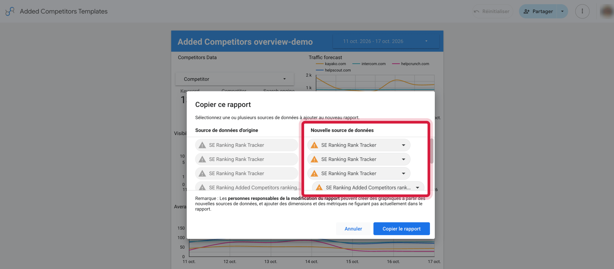 Adapter un modèle SE Ranking à vos données dans Data Studio Personnalisation d’un modèle de rapport SE Ranking dans Data Studio