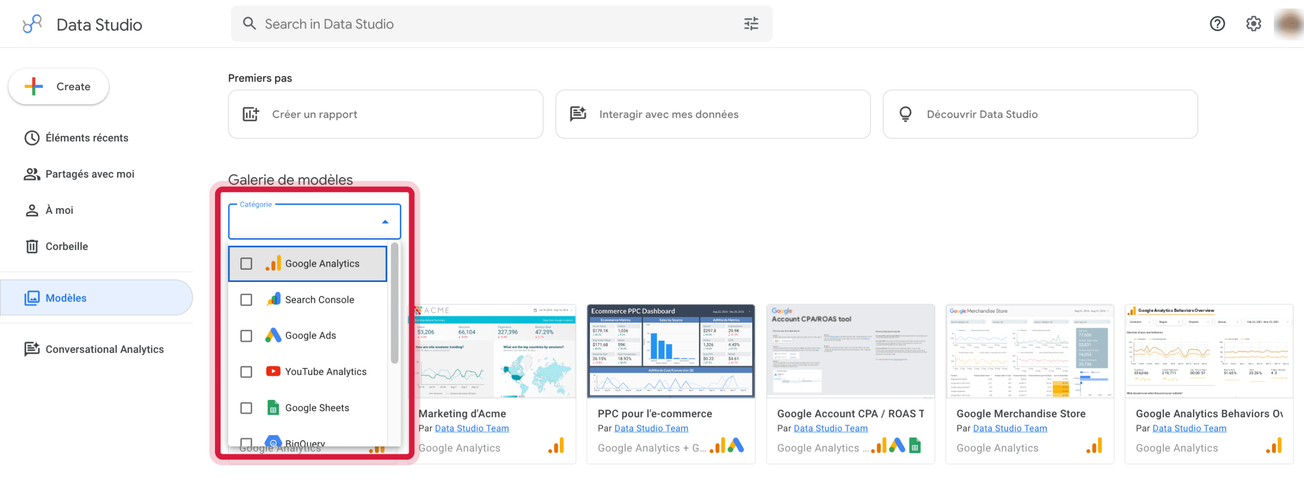 Options d’intégration des données dans Google Data Studio Modèles et sources de données Google Data Studio