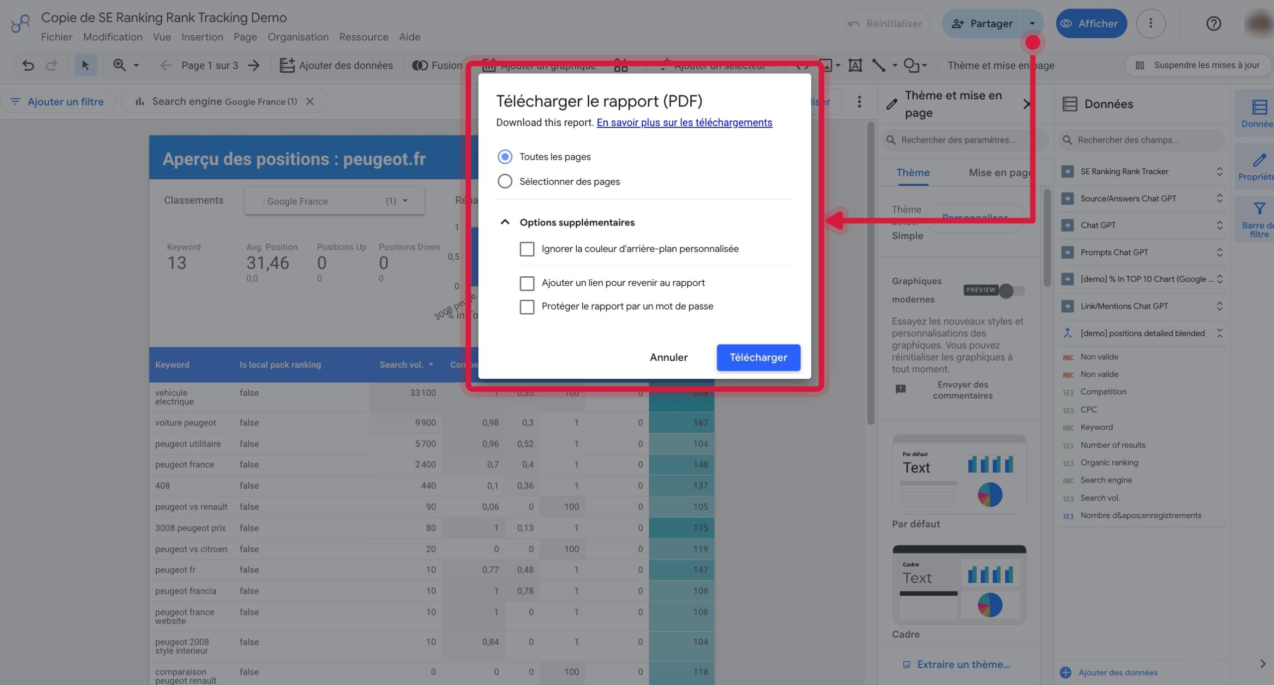 Télécharger un rapport Data Studio en PDF Option de téléchargement PDF dans Data Studio