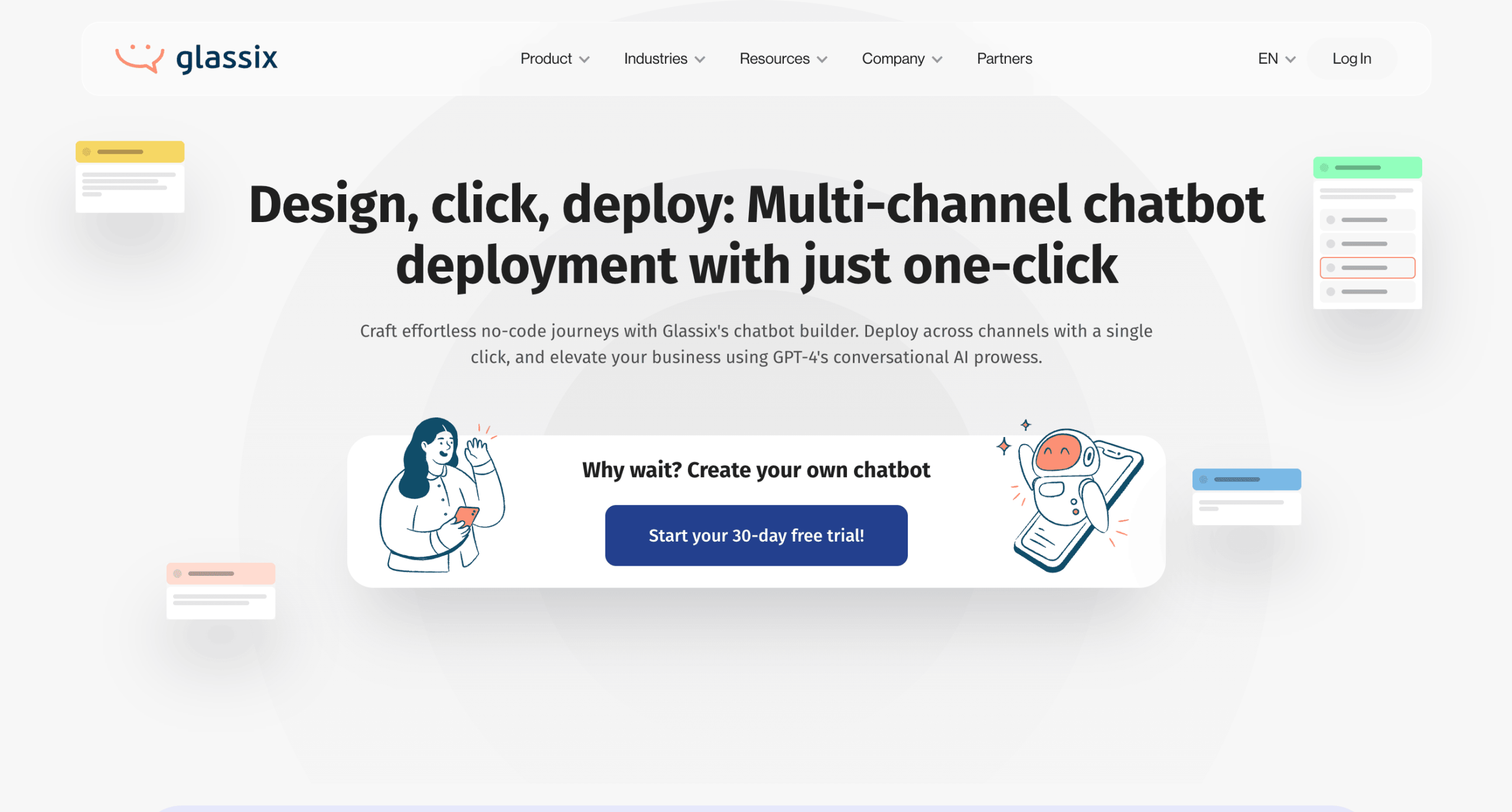 Glassix – page chatbot Aperçu du créateur de chatbots Glassix