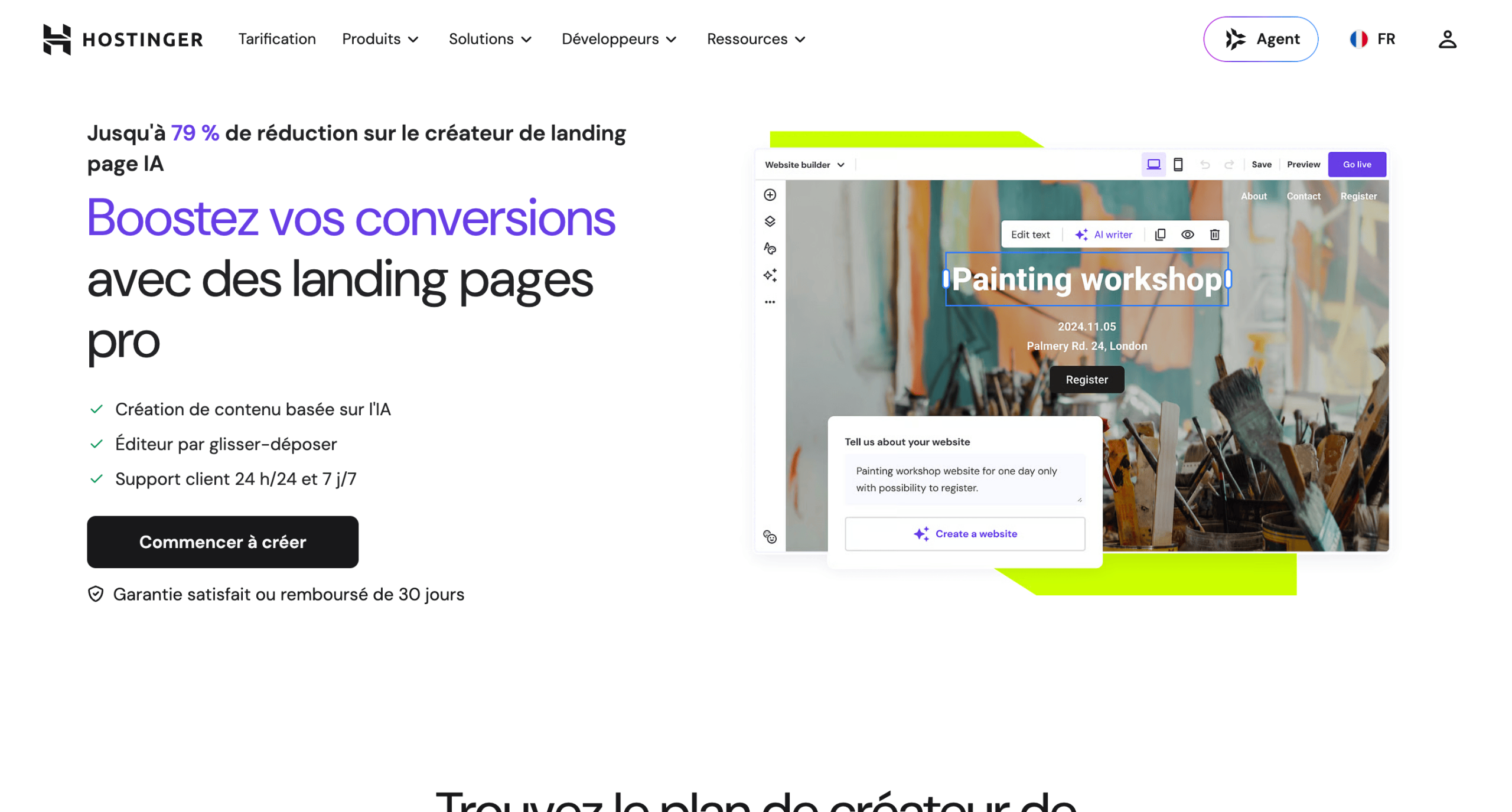 Hostinger AI – page d'accueil Créateur de landing pages IA de Hostinger