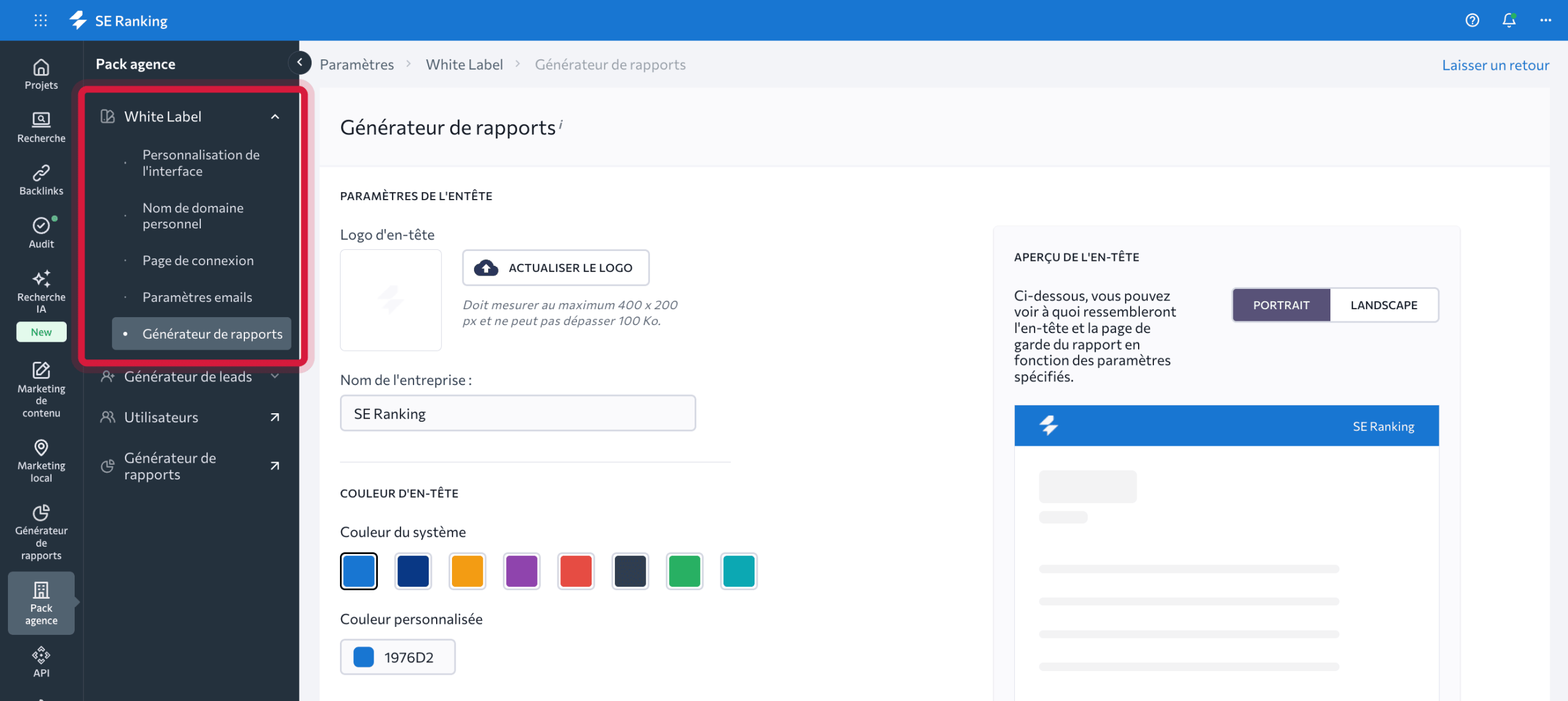 Marque blanche dans l’assembleur de rapports de SE Ranking Option de marque blanche dans SE Ranking