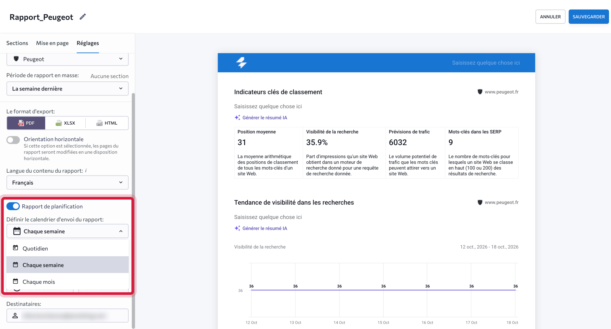 Définir le calendrier d’envoi des rapports dans SE Ranking Option de planification dans l’assembleur de rapports de SE Ranking