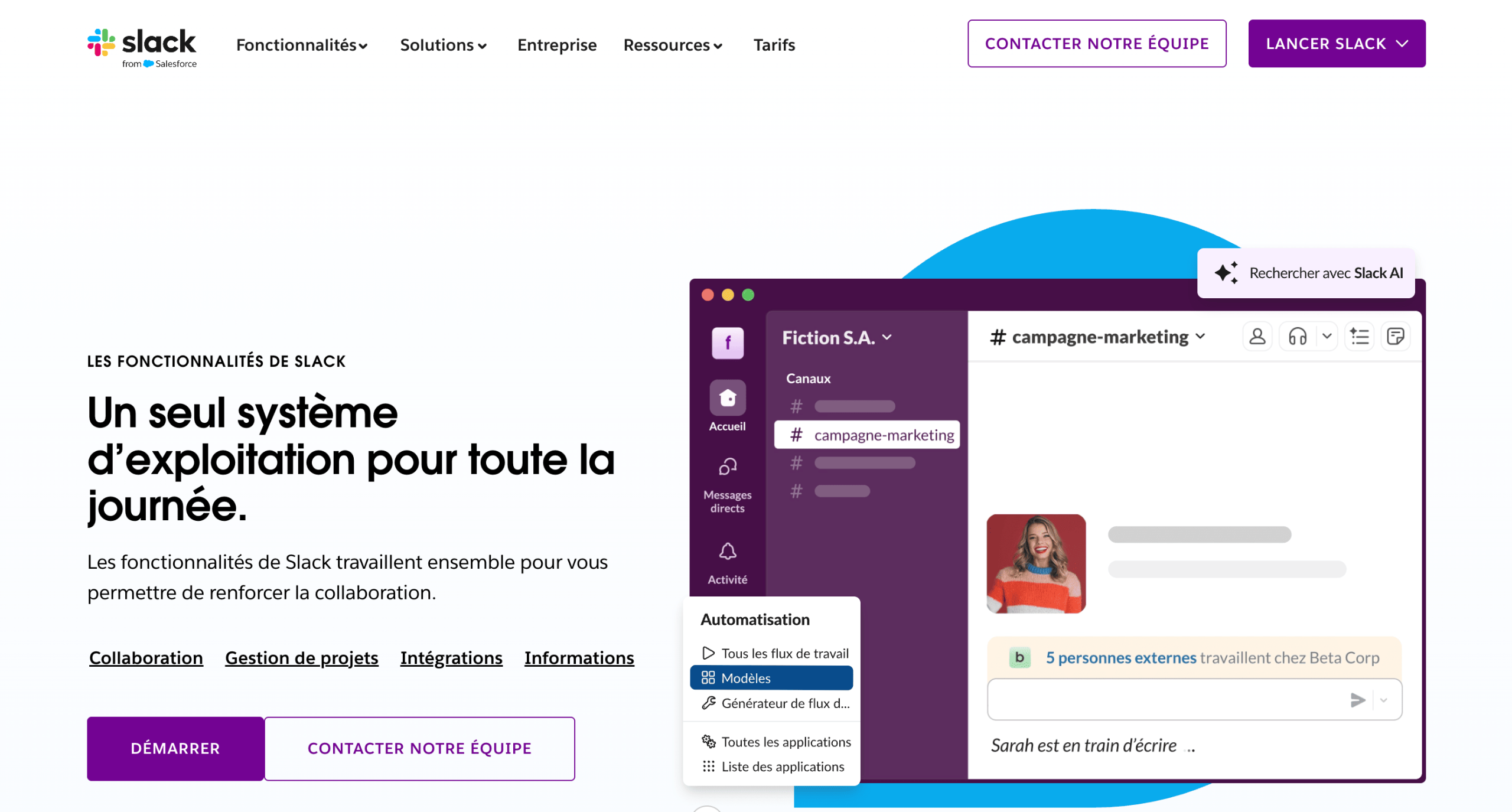 Slack – interface Interface principale de Slack