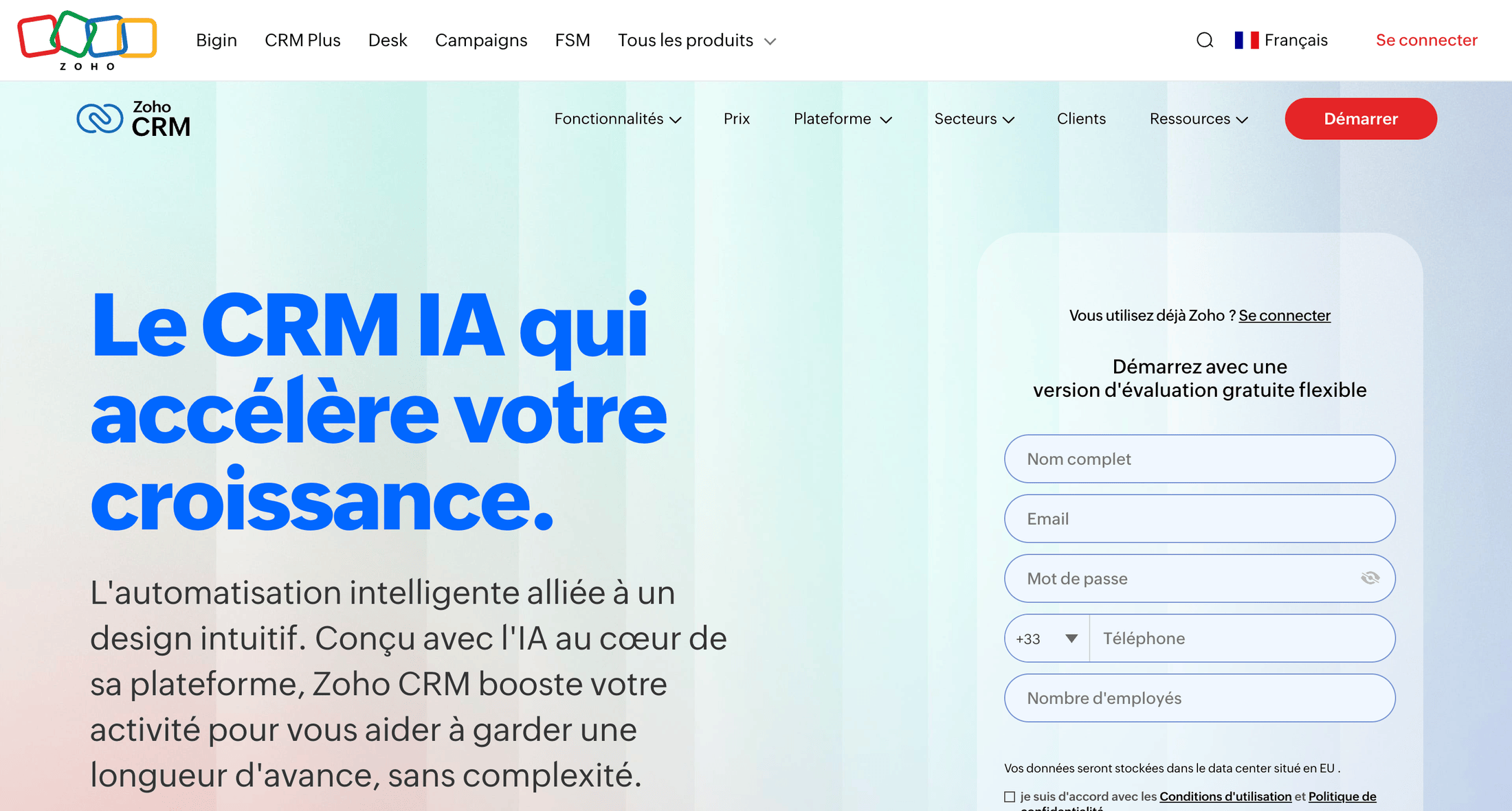 Zoho CRM – page d'accueil Page d'accueil de Zoho CRM