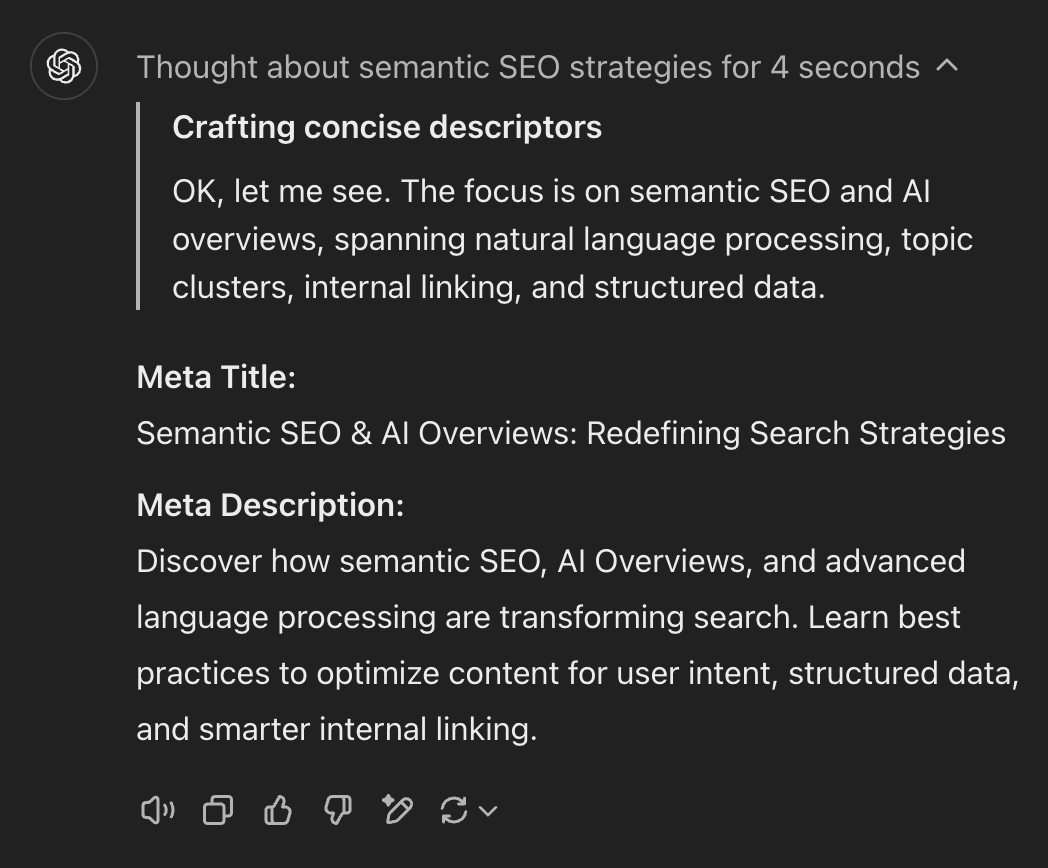 ChatGPT reageerde op ons verzoek om een metatitel en beschrijving te maken voor ons artikel met de titel “Semantic SEO definiëren en optimaliseren voor semantisch zoeken”. De meta title was korter en krachtiger, maar creëerde nog steeds een meta description die te lang was.