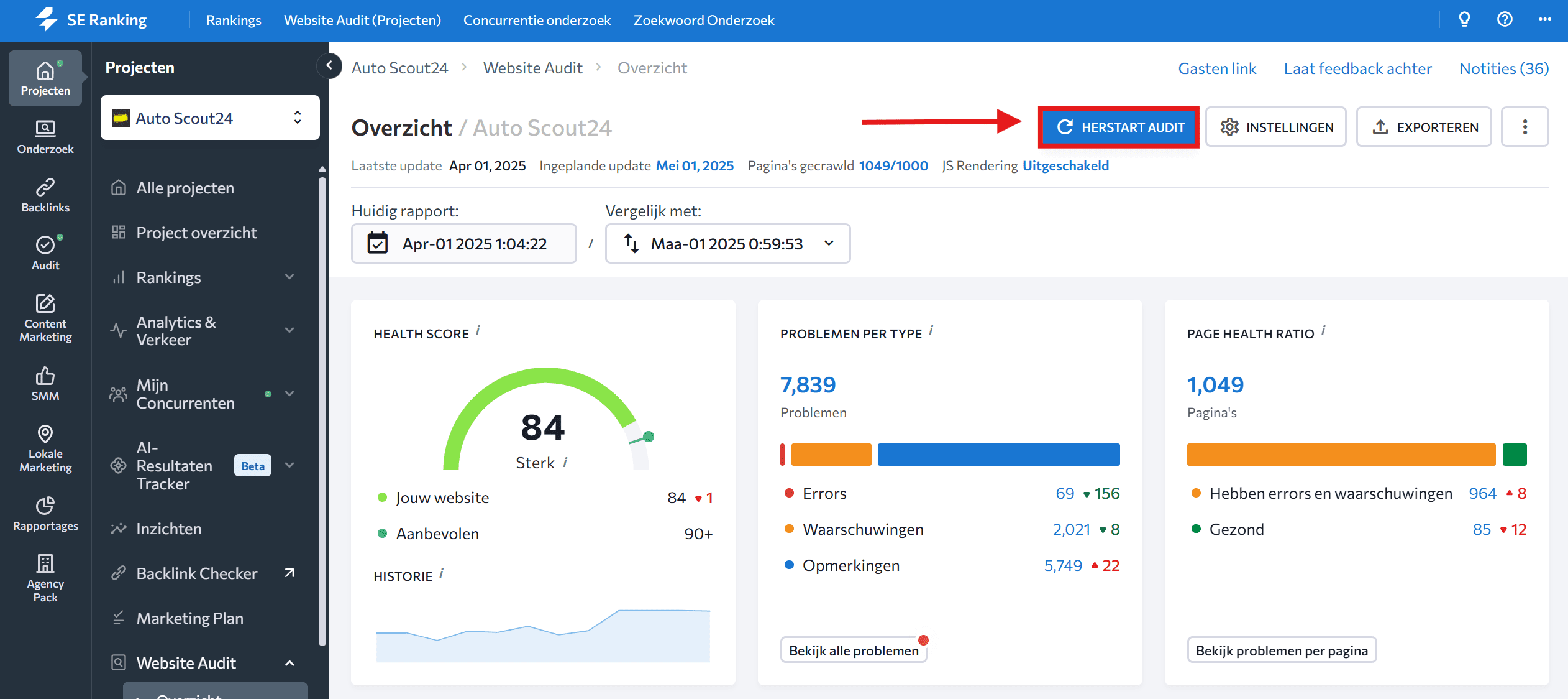 Start de website-audit opnieuw
