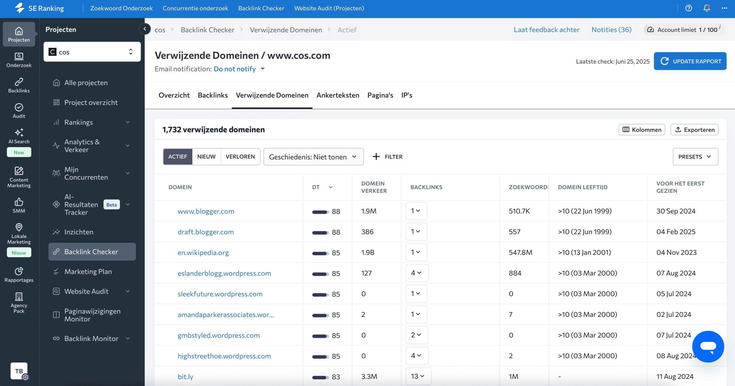Referring Domains report in Backlink Checker