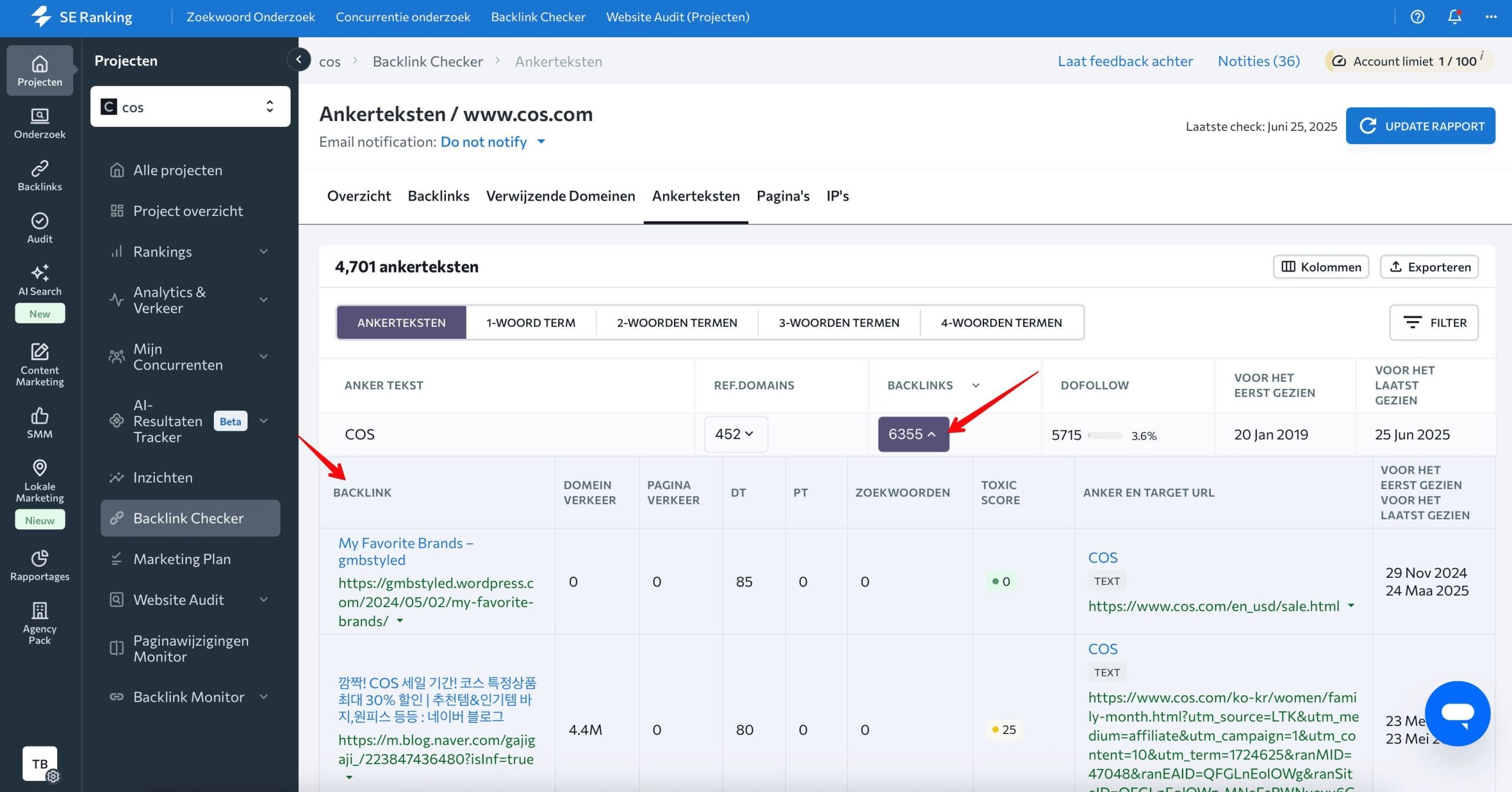Backlinks data in Anchor Texts report
