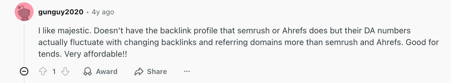 Gebruikersrecensie over Majestic op Reddit
