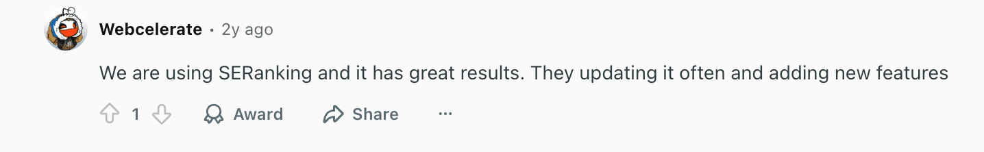 Gebruikersrecensies over SE Ranking op Reddit