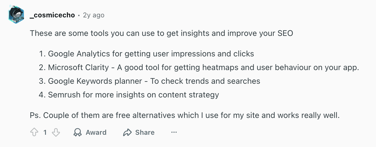 Gebruikersrecensies over Semrush op Reddit