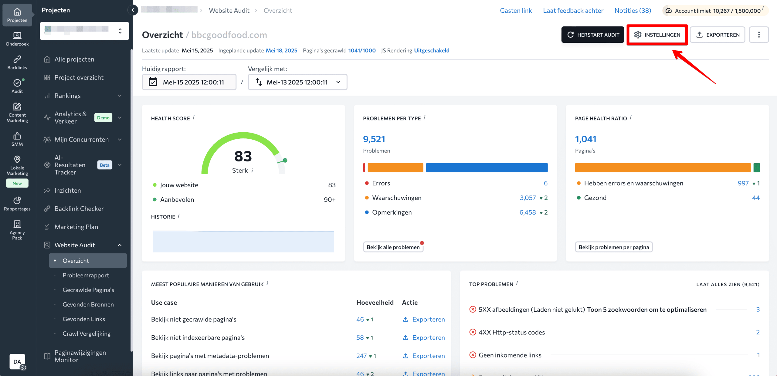 Website-auditinstellingen
