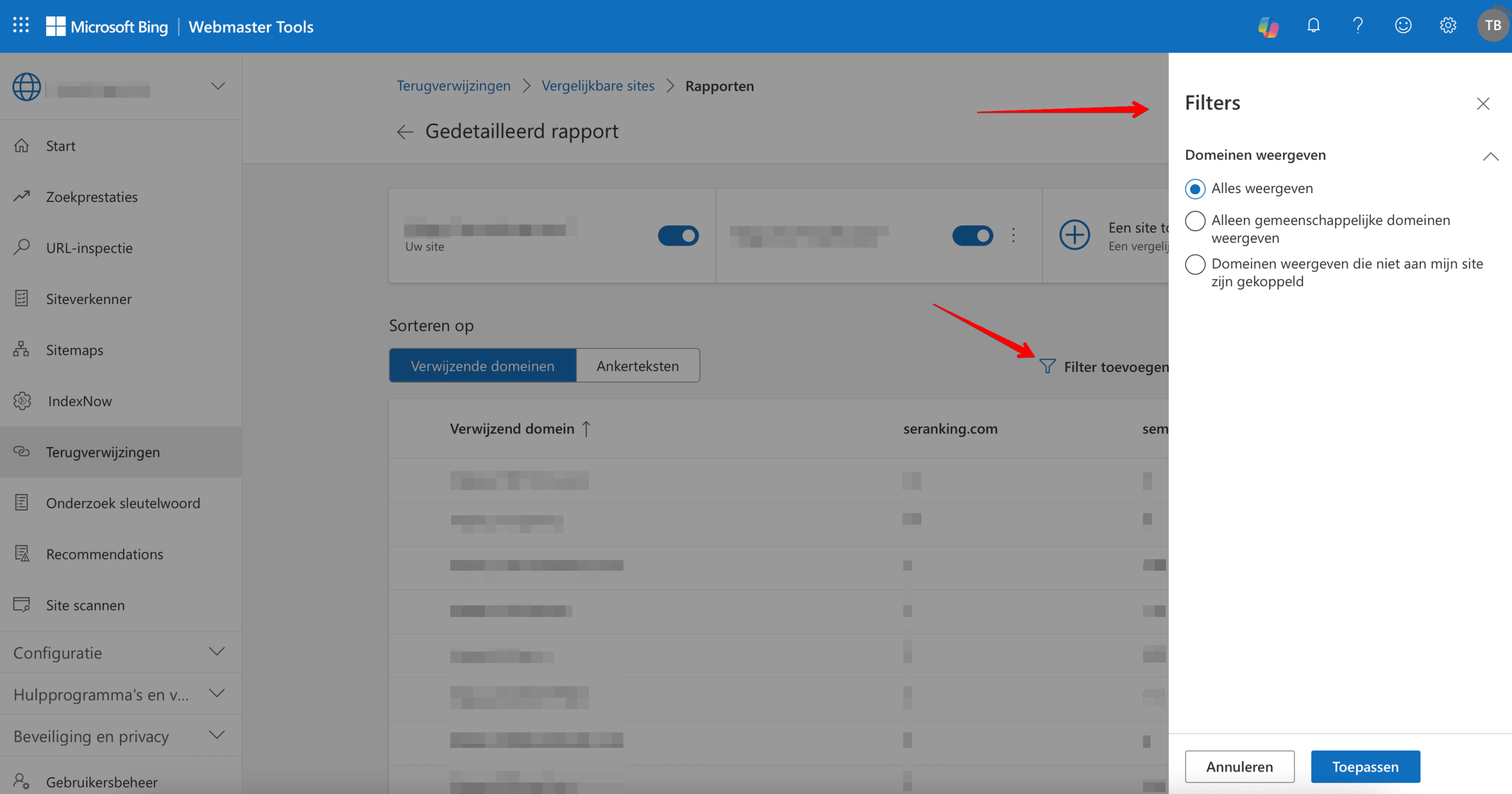 Filters for backlink comparison
