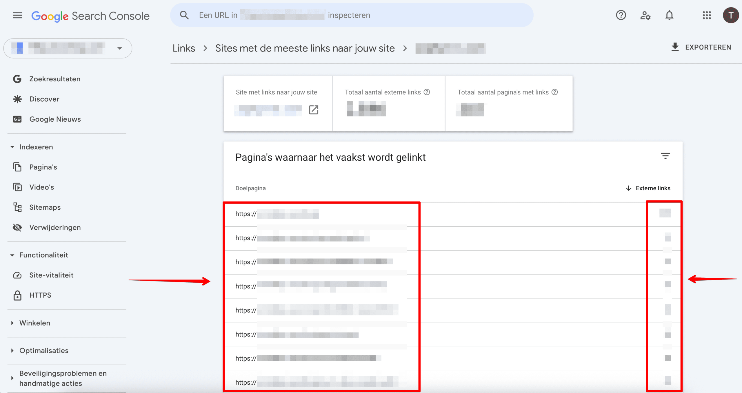 Target pages of the linking site