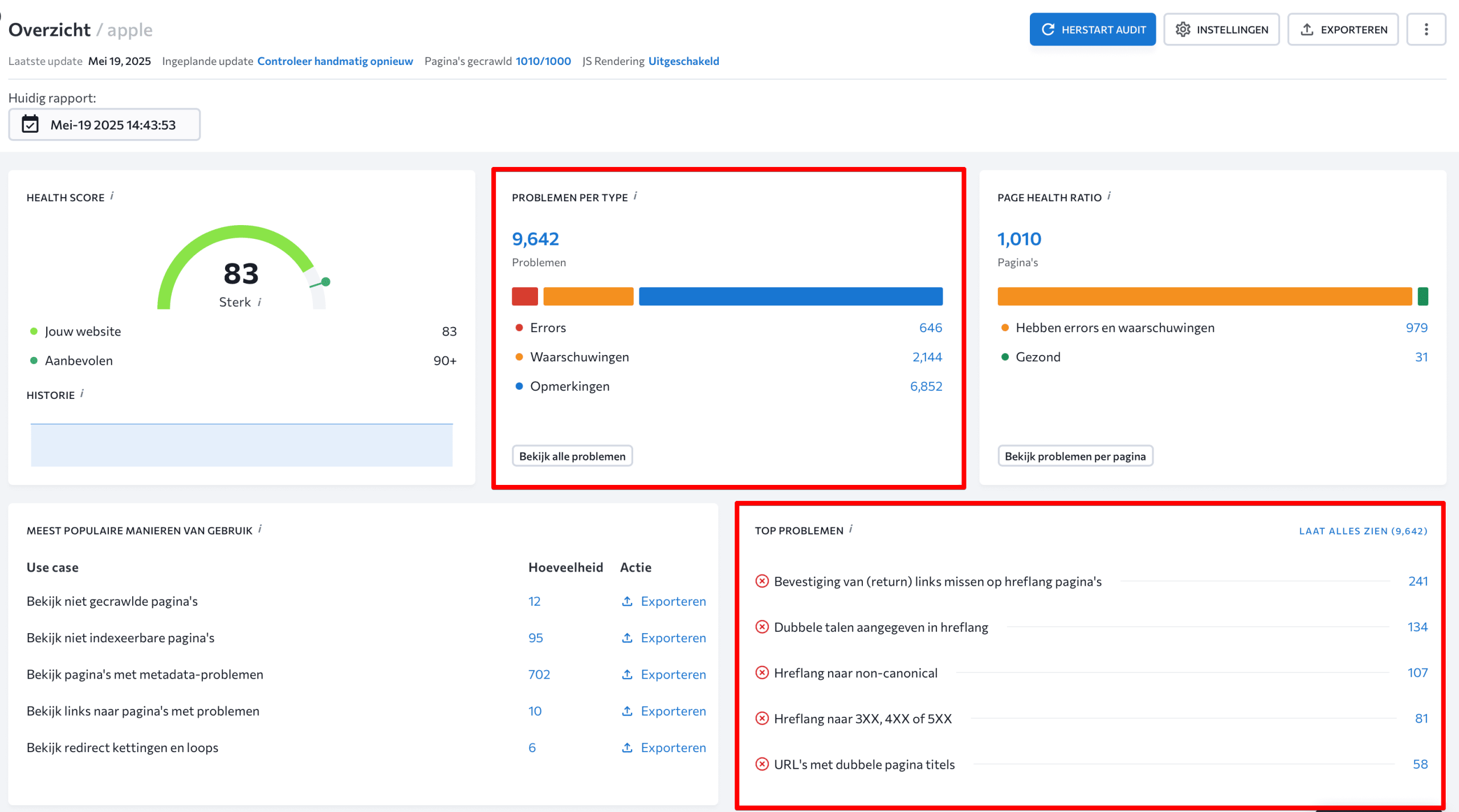 Website Audit overview section with top issues highlighted