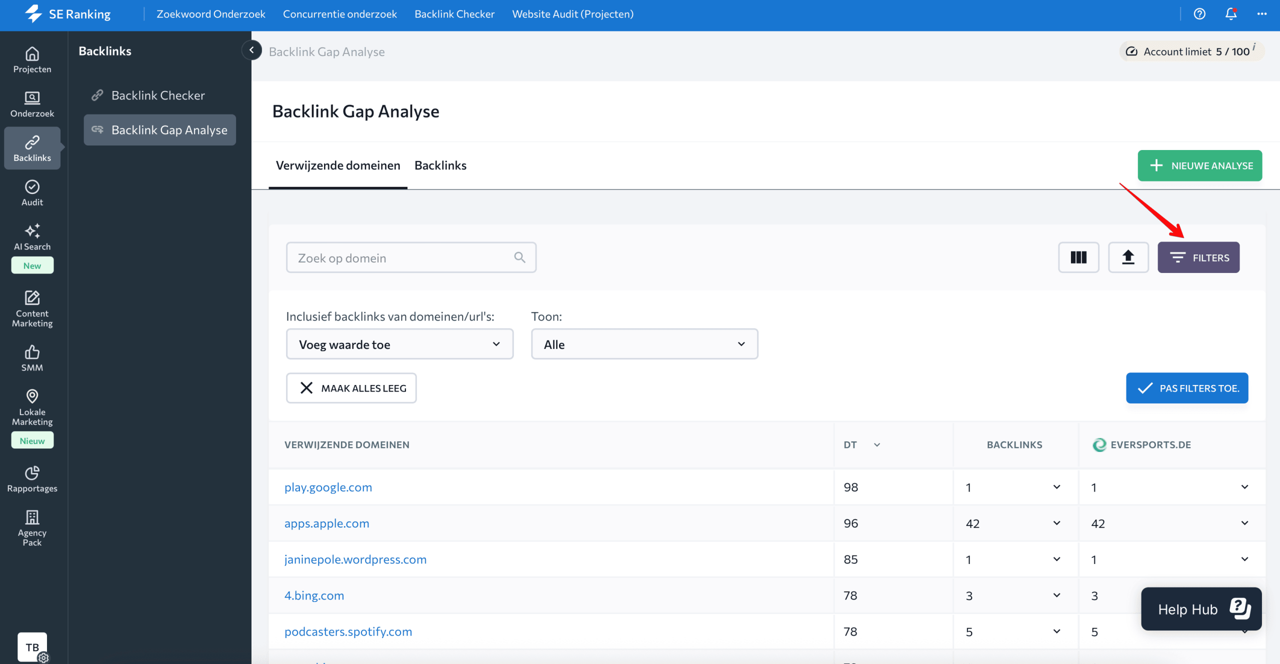 Backlink Gap Analyzer filters for referring domains 