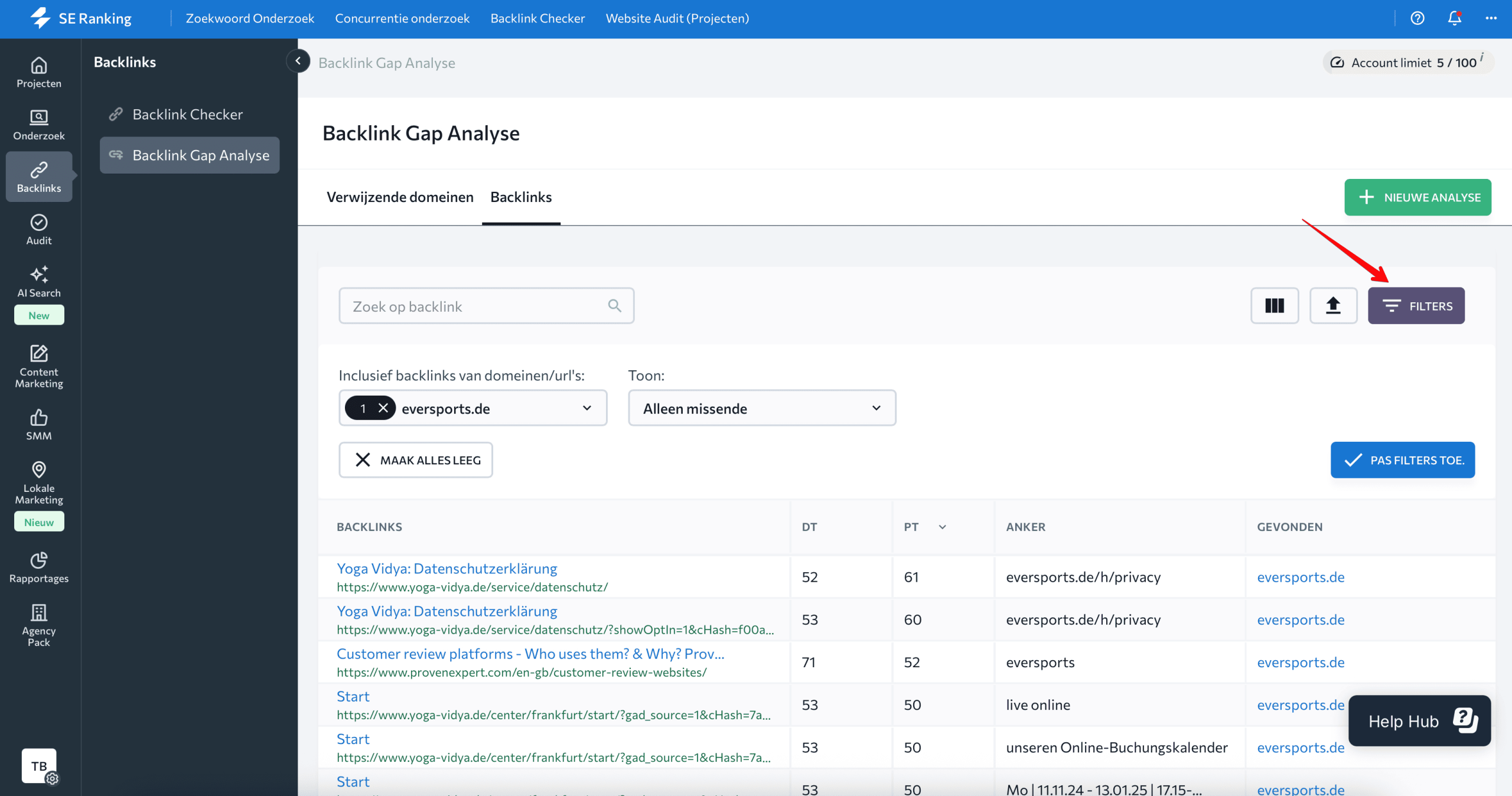 Filter backlinks in Backlink Gap Analyzer