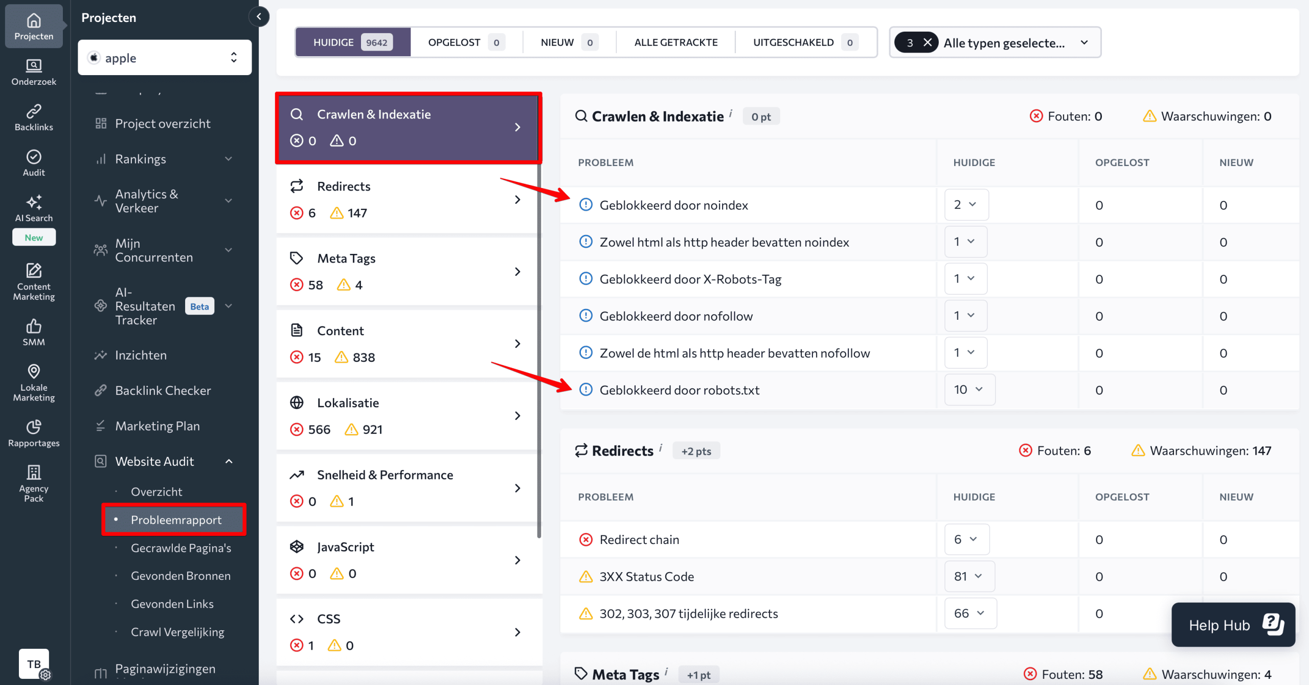 Non-noindexed pages detected by SE Ranking's website audit