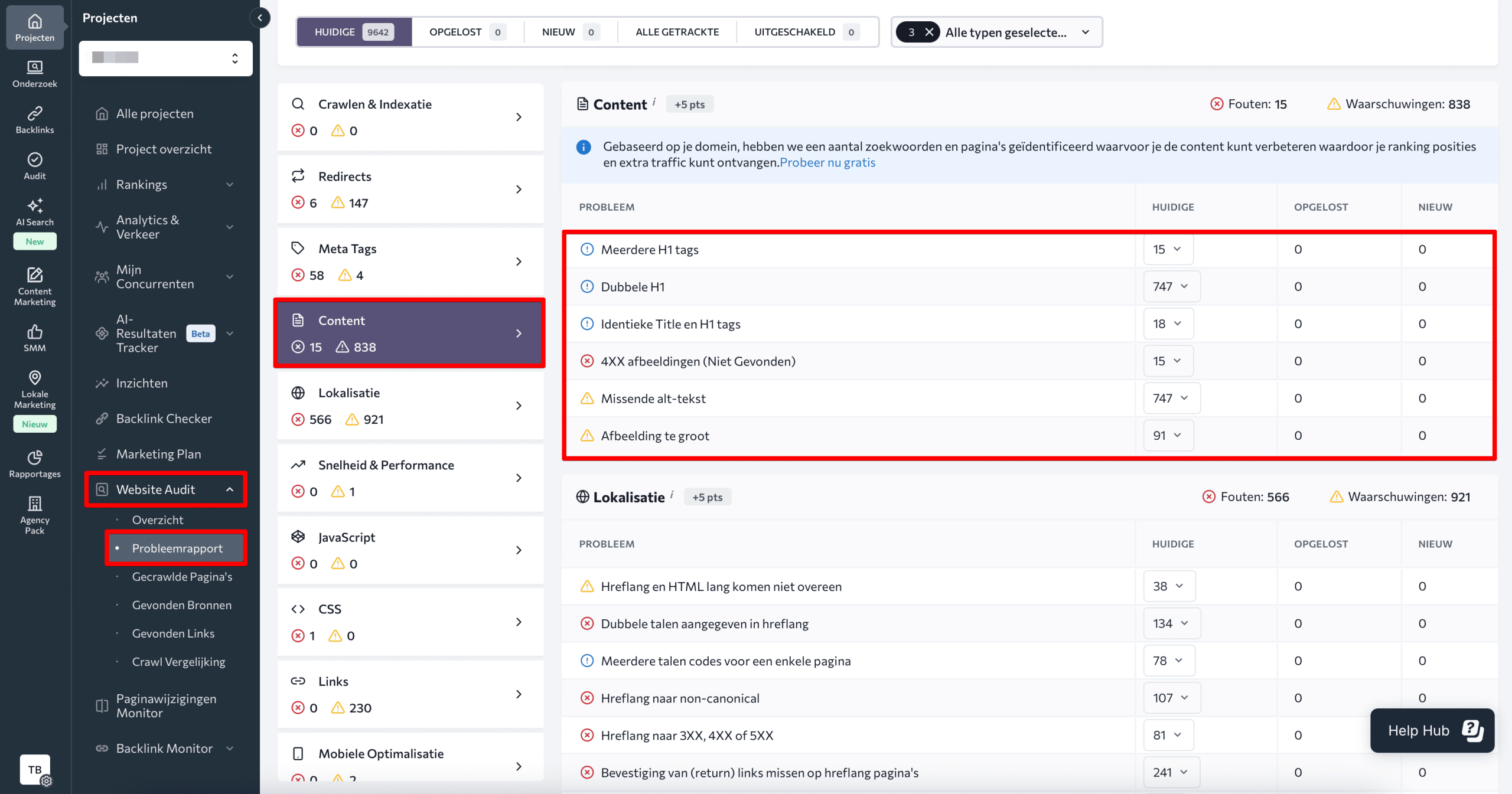 Content section by SE Ranking's Website Audit