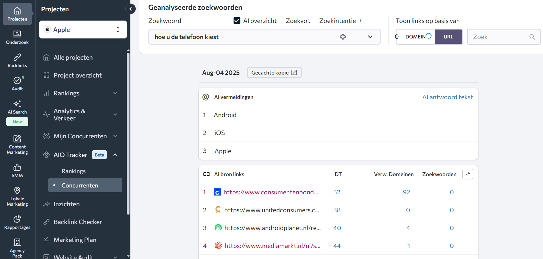AI-resultaten tracker in SE Ranking