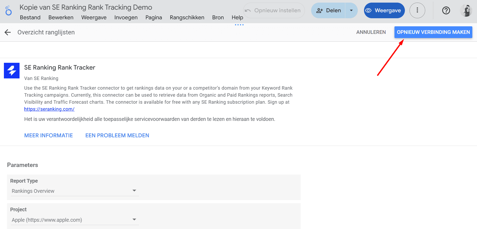 Gegevensbronnen opnieuw verbinden in Google Looker Studio