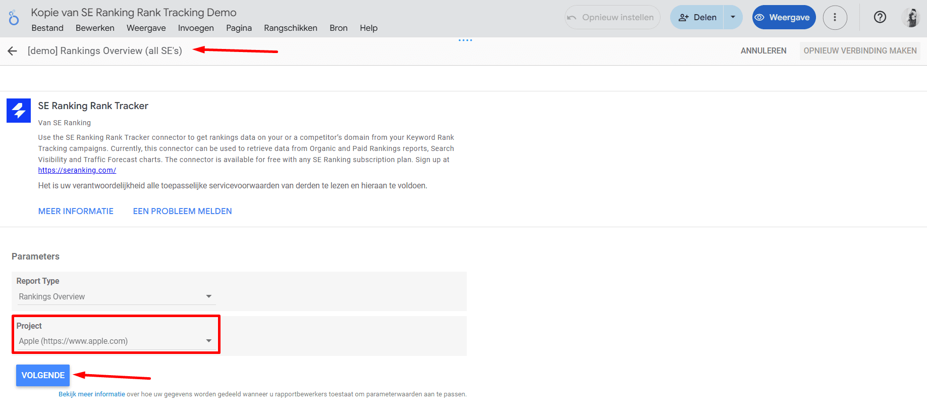 Project selecteren in Google Looker Studio