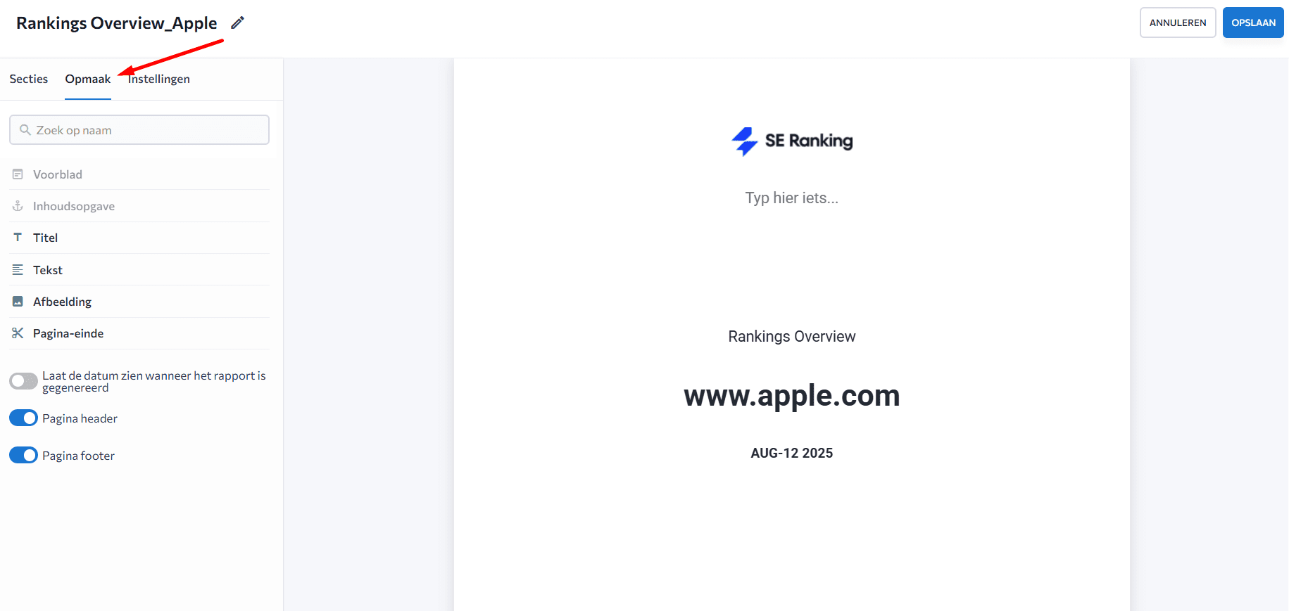 Formatteer uw rapporten in SE Ranking