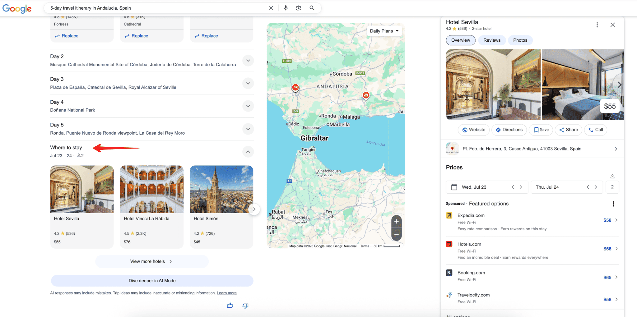 Hotelopties in AI-overzichten