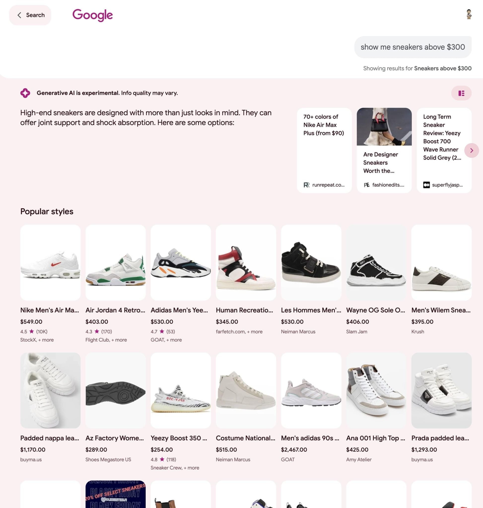 Productkaarten in Google SGE