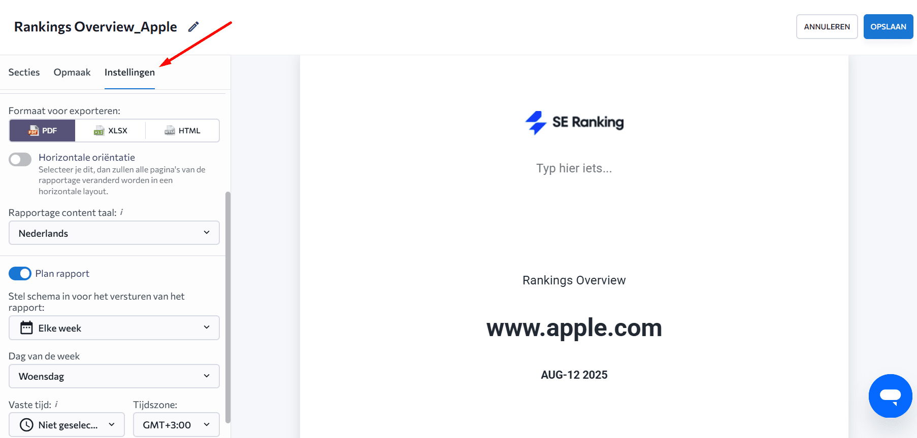 Secties in rapportbouwer door SE Ranking