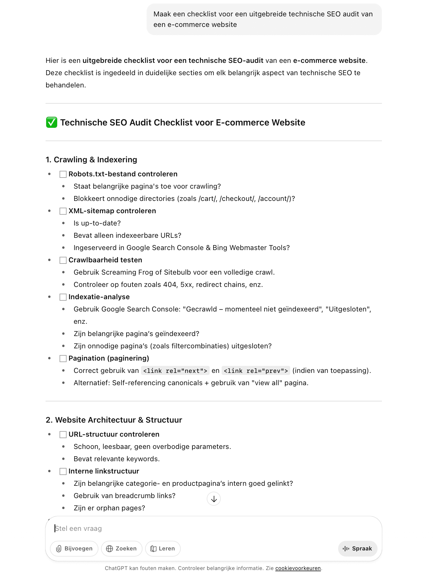 Een checklist maken voor een technische SEO-audit in ChatGPT