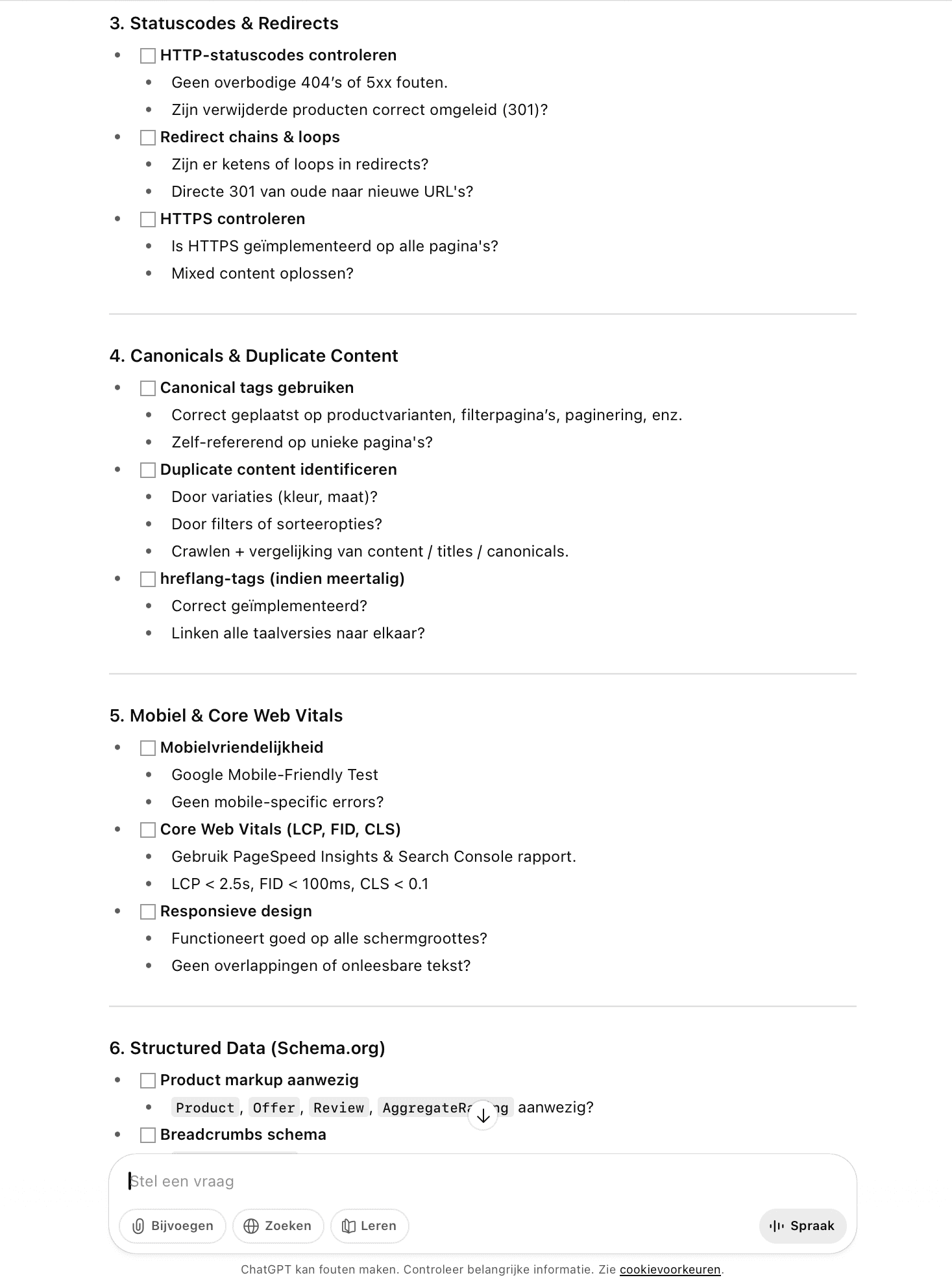 Checklist voor technische SEO-audit van e-commercewebsite in ChatGPT