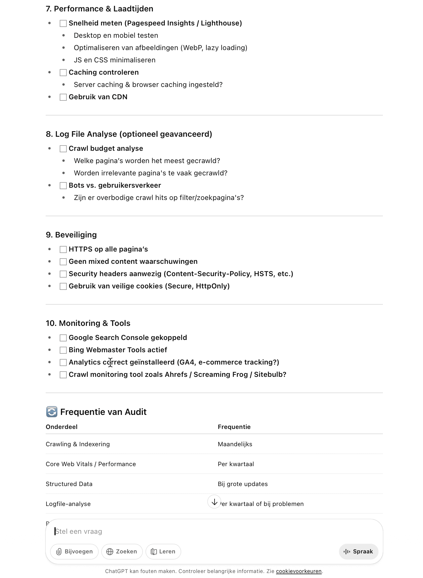 Checklist voor technische SEO-audit in ChatGPT