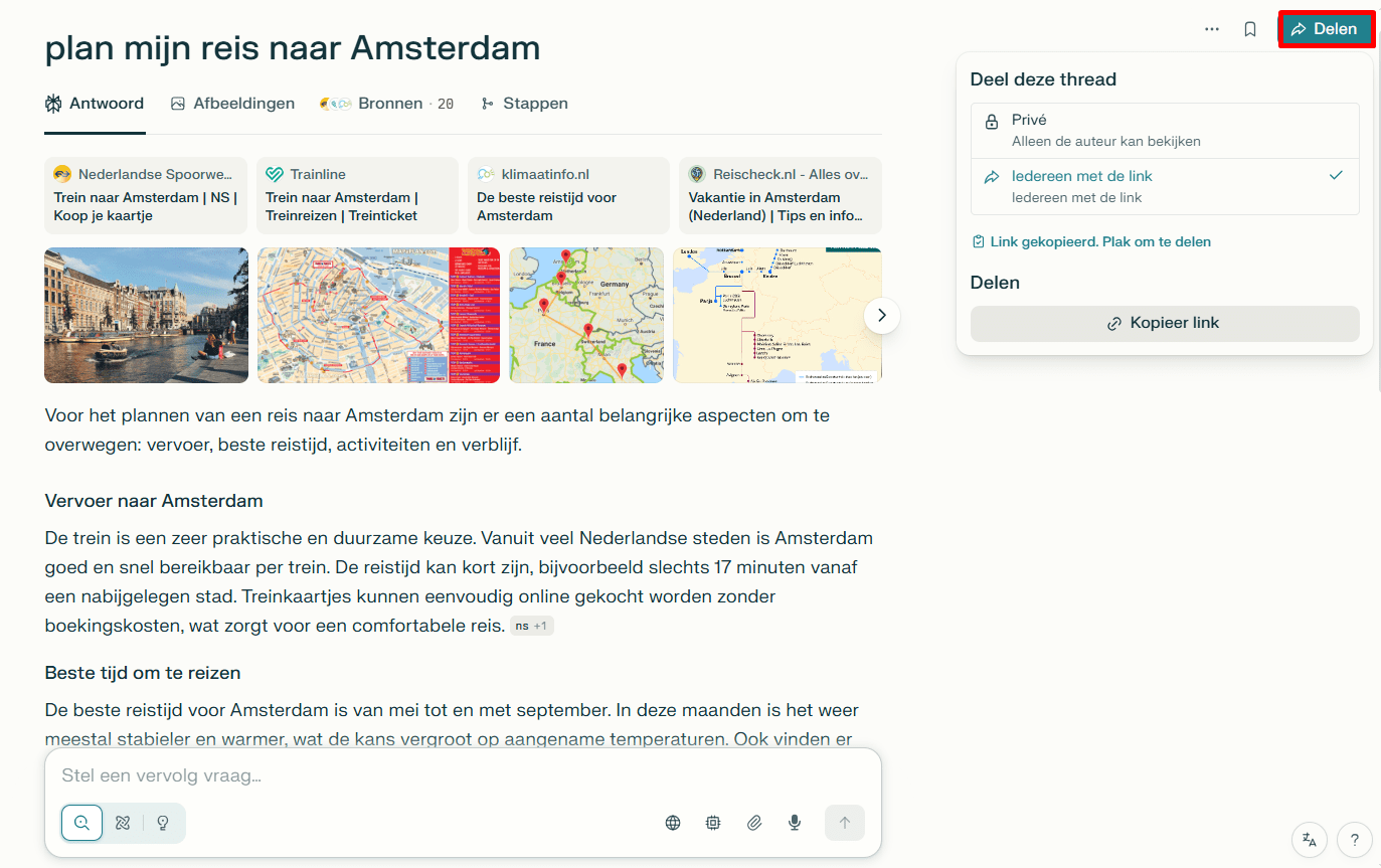 Threads kunnen worden gedeeld met teamleden en andere Perplexity AI-gebruikers
