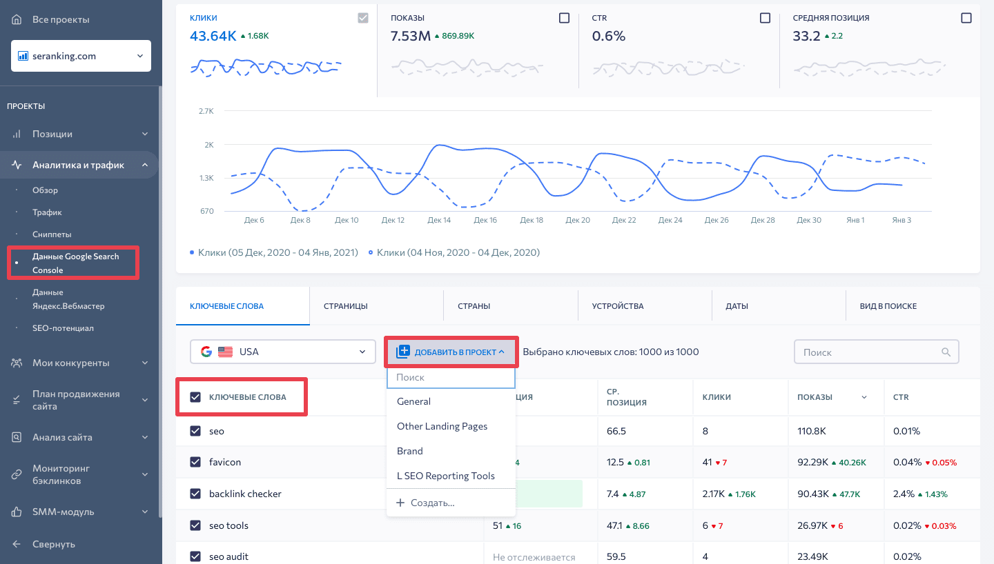 Добавление запросов в проект SE Ranking через данные GSC