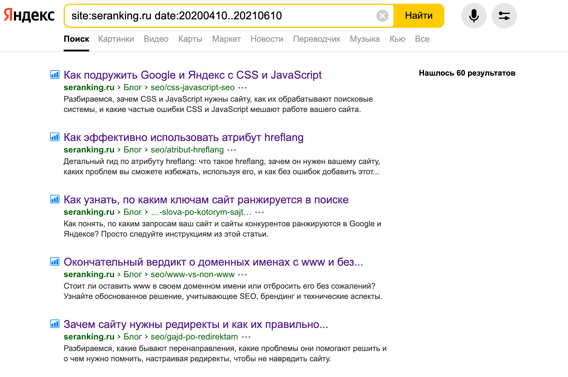 Поиск страниц по комбинации операторов Яндекса site: и date: Комбинация операторов Яндекса site: и date: