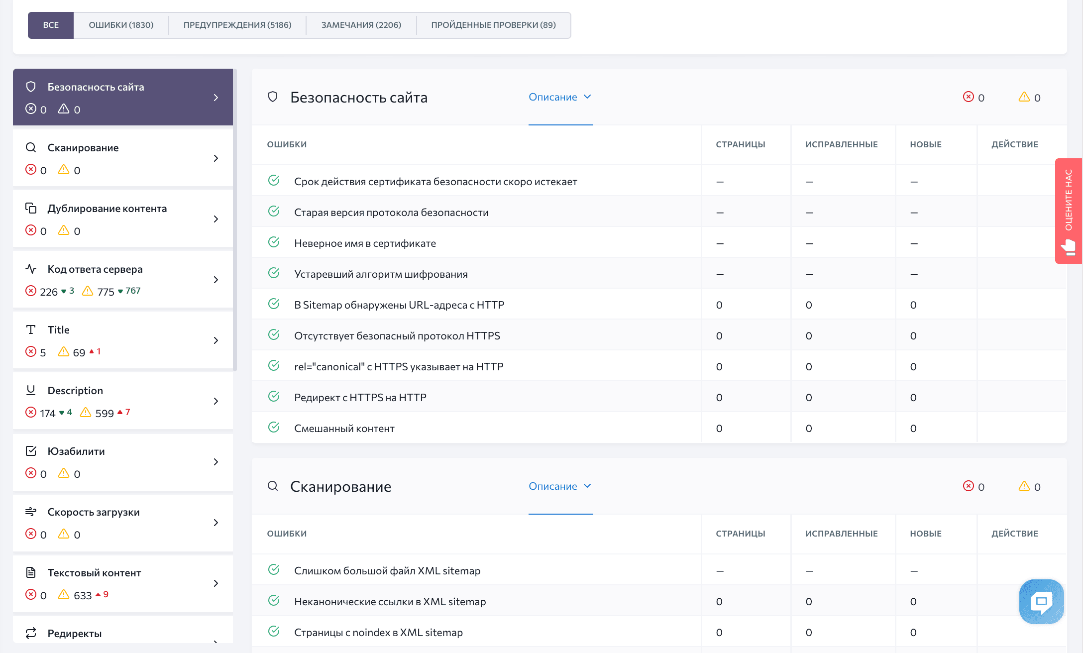 Отчет об ошибках сайта в SE Ranking