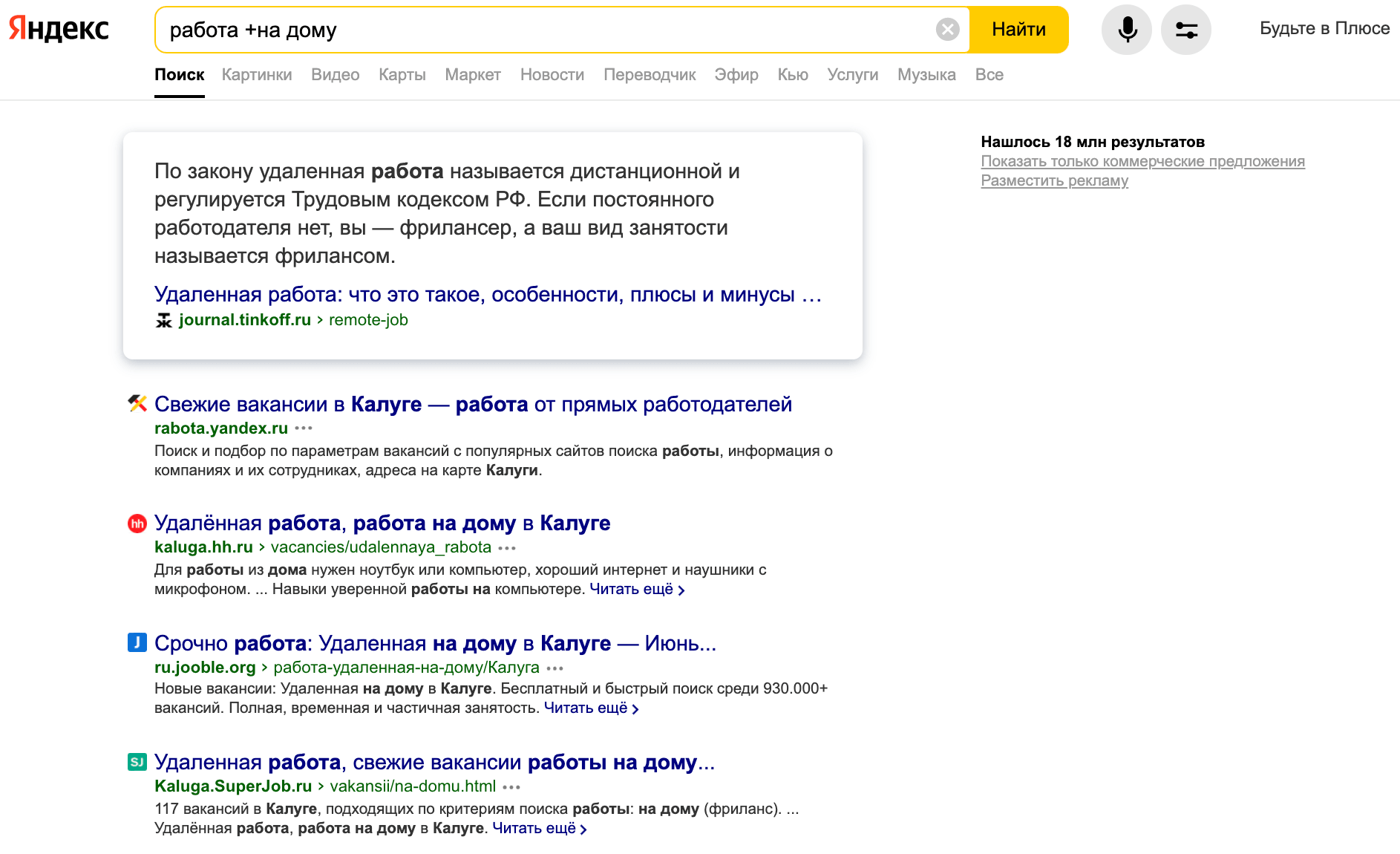 Пример выдачи с оператором Яндекса «+»