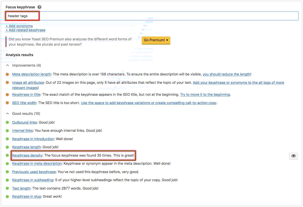 Keyword density in Yoast SEO