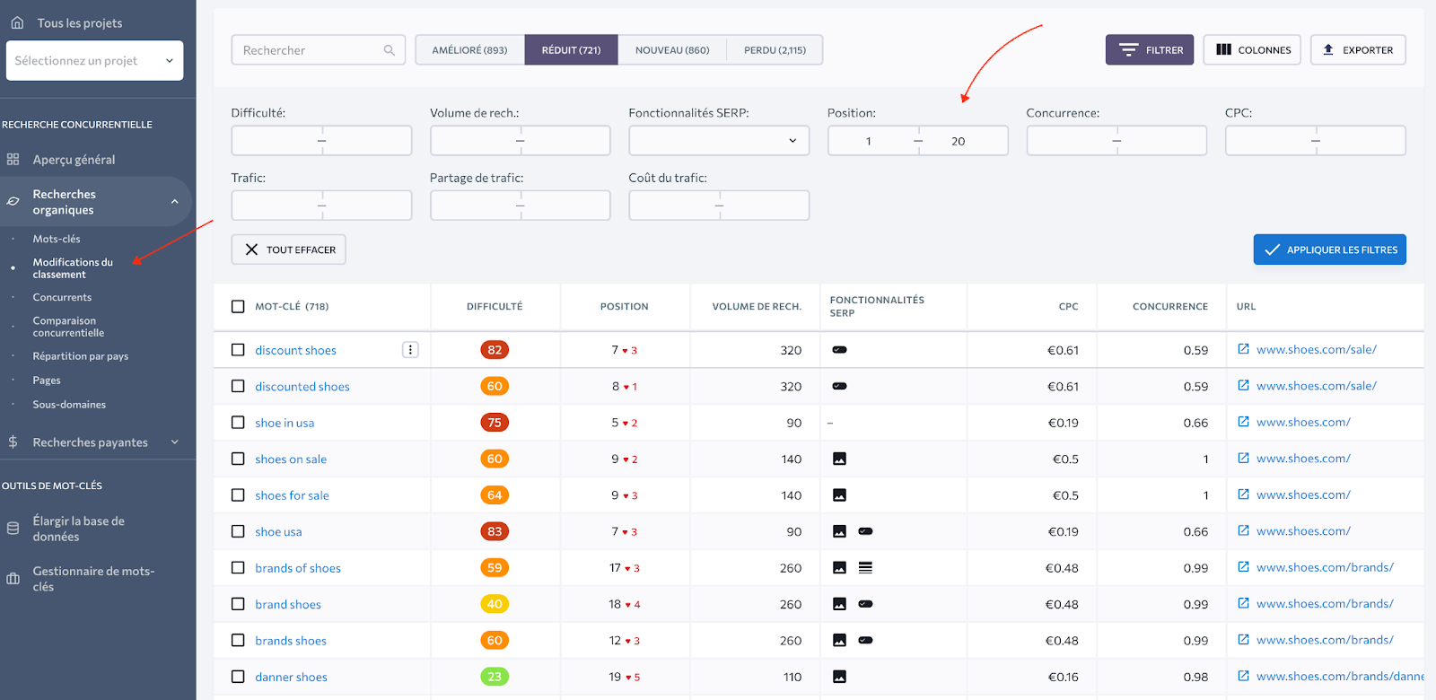 Modification du classement