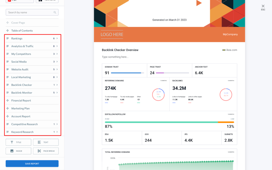 Menu de navigation du générateur de rapports de SE Ranking