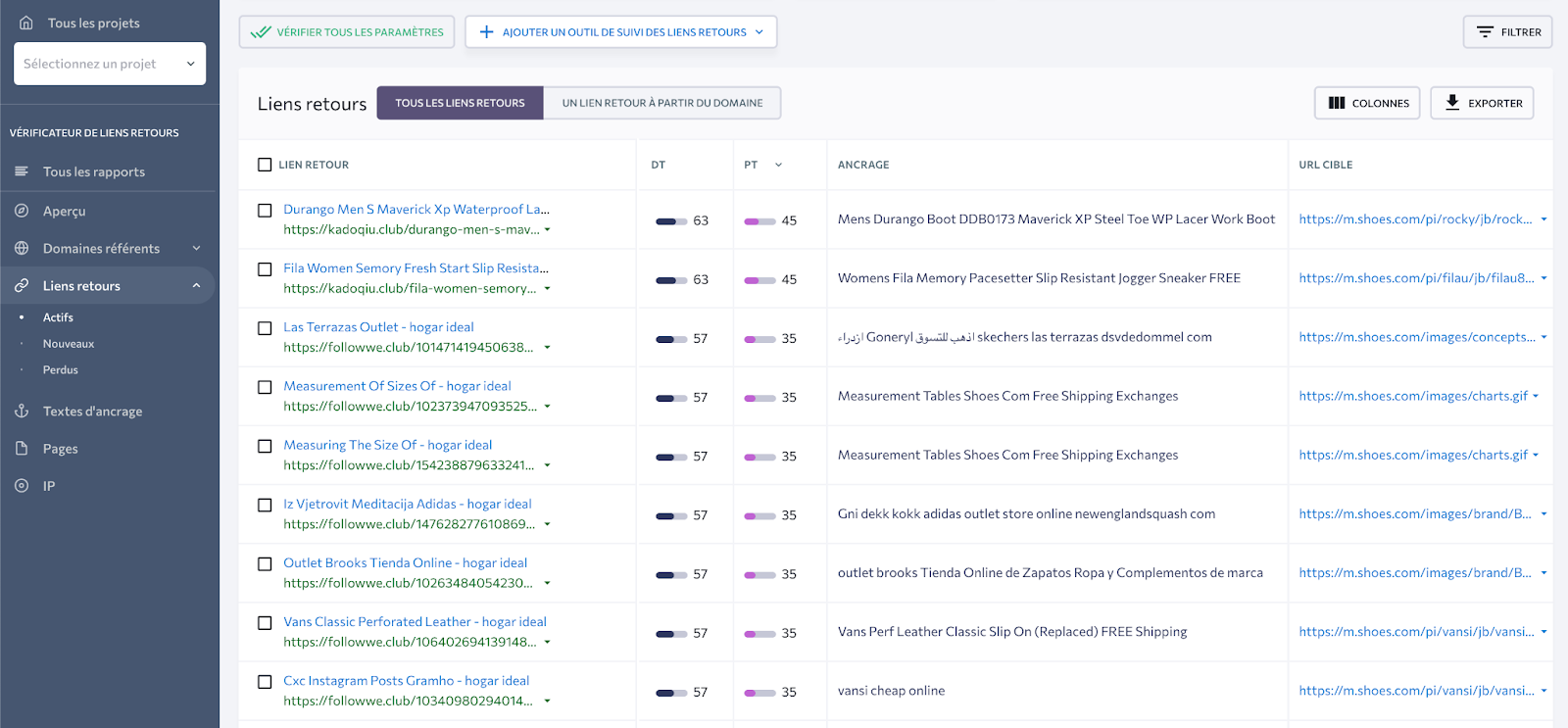 Liste des backlinks actifs