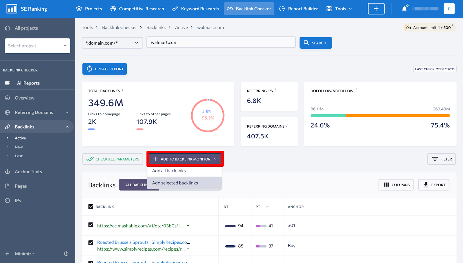 Comment ajouter les backlinks trouvés à Suivi des backlinks