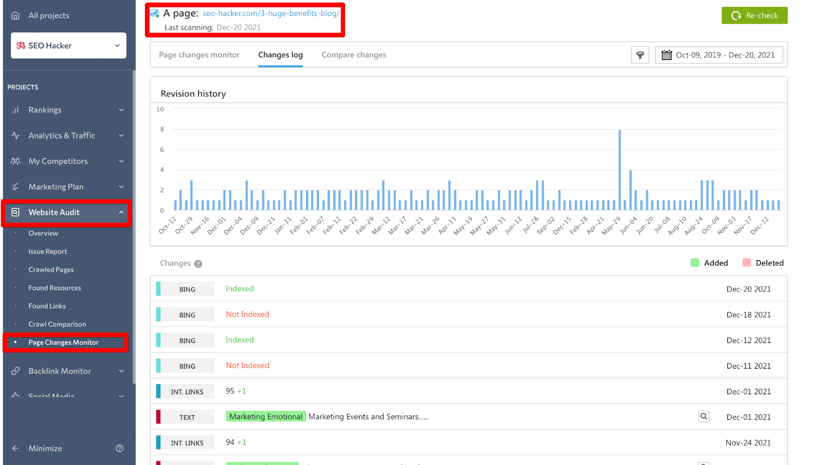Comment analyser les journaux de modifications dans Suivi des changements des pages
