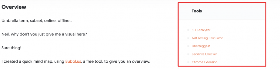 sidebar with links to product pages