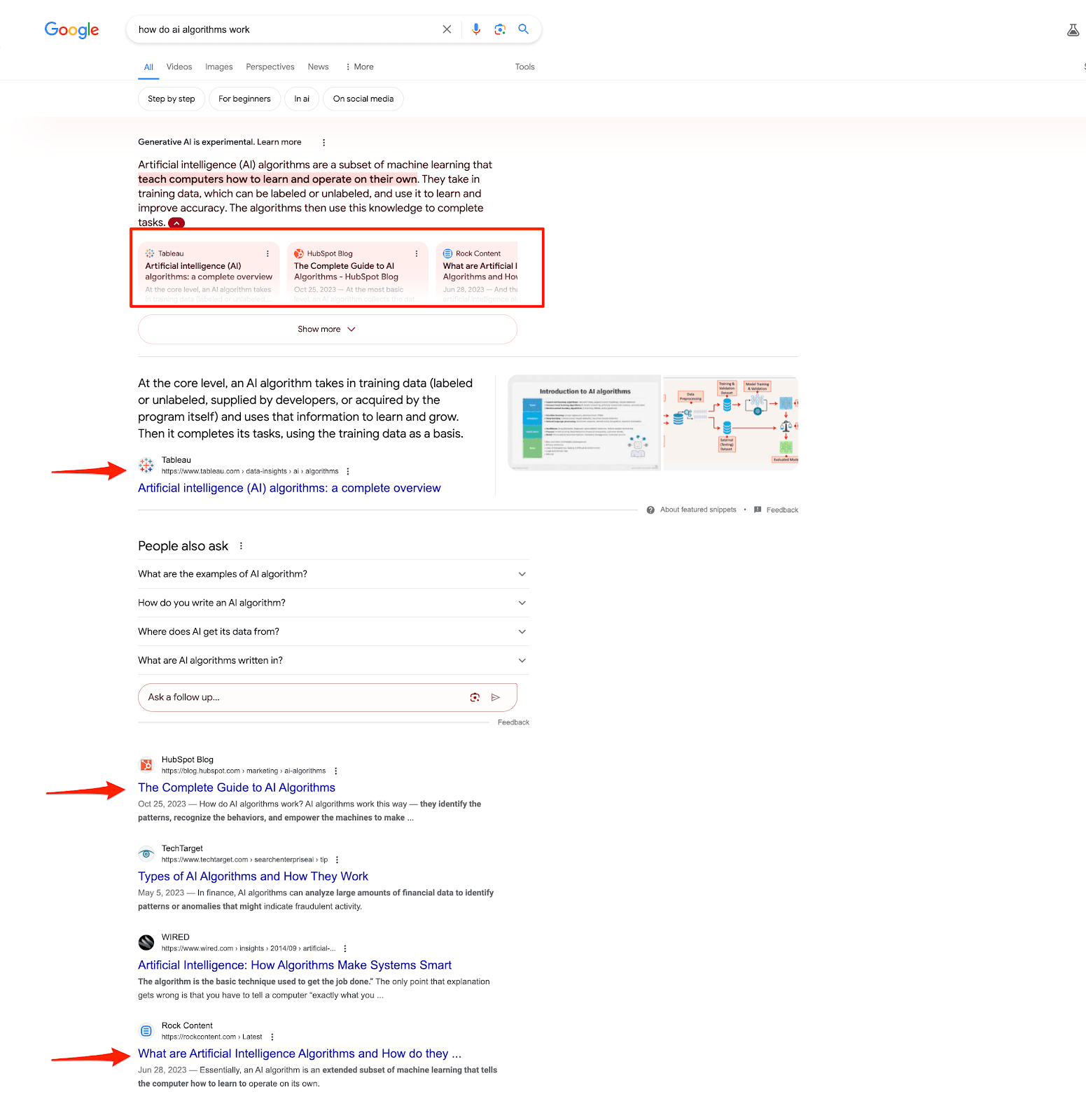 Exemple d'extrait SGE avec des liens vers les résultats de recherche réguliers