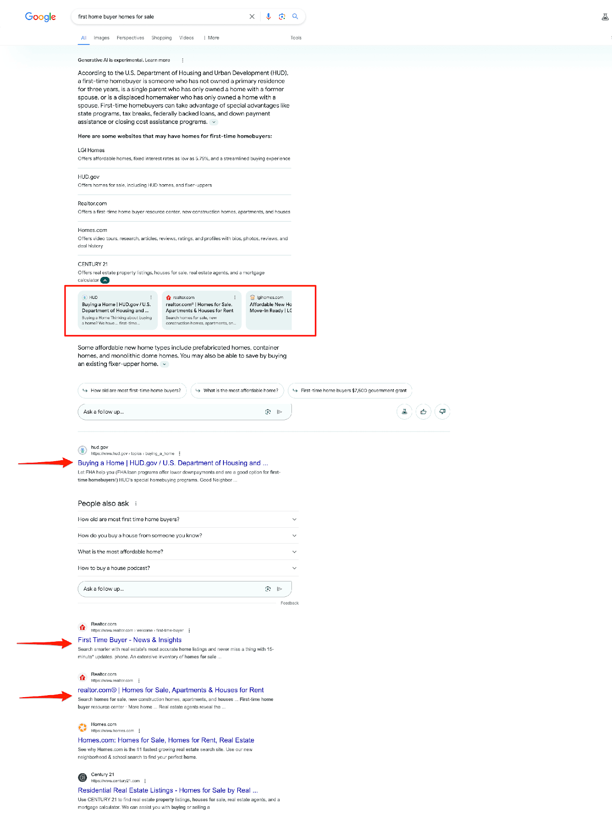 Un autre exemple de l'intersection des liens entre l'extrait SGE et les résultats de recherche réguliers